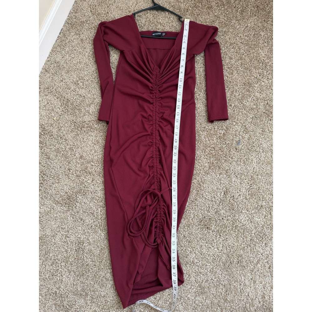 PrettyLittleThing Burgundy Ribbed Off Shoulder Ruched Drawstring Midi Dress S 10 - Picture 9 of 10